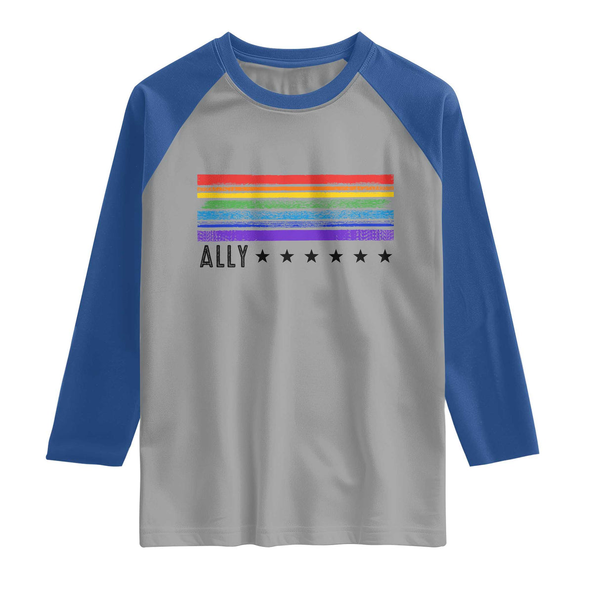 Retro Rainbow Ally Distressed Stripes Graphic Raglan Shirt LGBTQ Support Pride Month