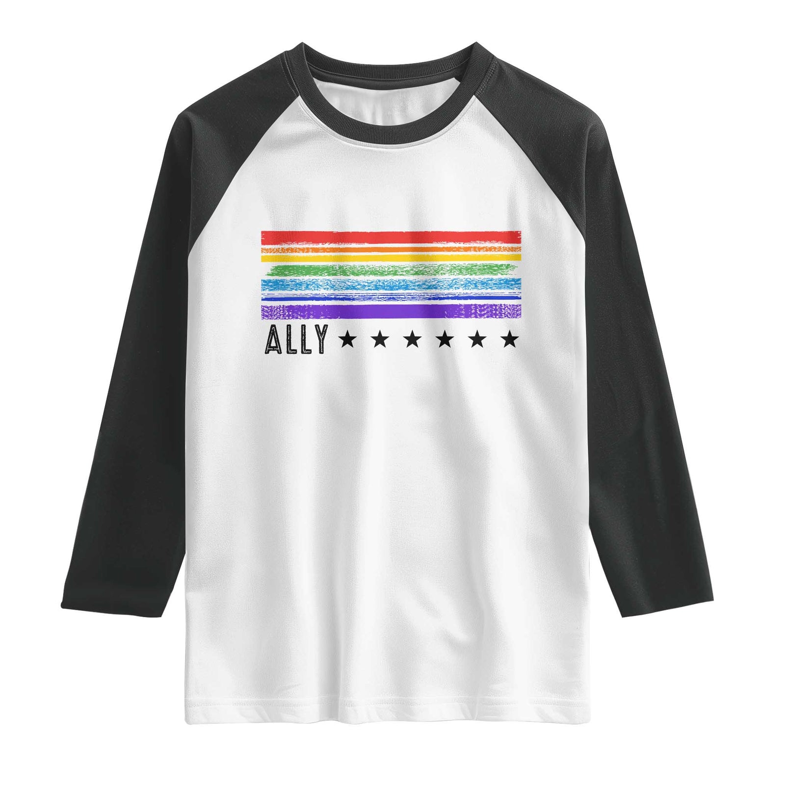 Retro Rainbow Ally Distressed Stripes Graphic Raglan Shirt LGBTQ Support Pride Month TS02 White Black Print Your Wear