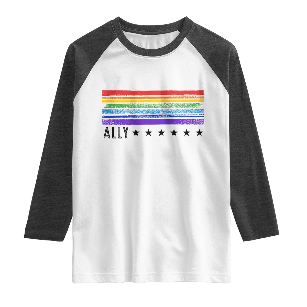 Retro Rainbow Ally Distressed Stripes Graphic Raglan Shirt LGBTQ Support Pride Month