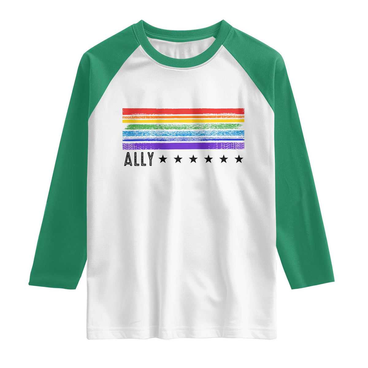 Retro Rainbow Ally Distressed Stripes Graphic Raglan Shirt LGBTQ Support Pride Month