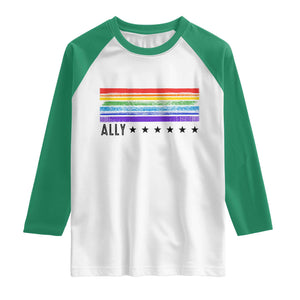 Retro Rainbow Ally Distressed Stripes Graphic Raglan Shirt LGBTQ Support Pride Month