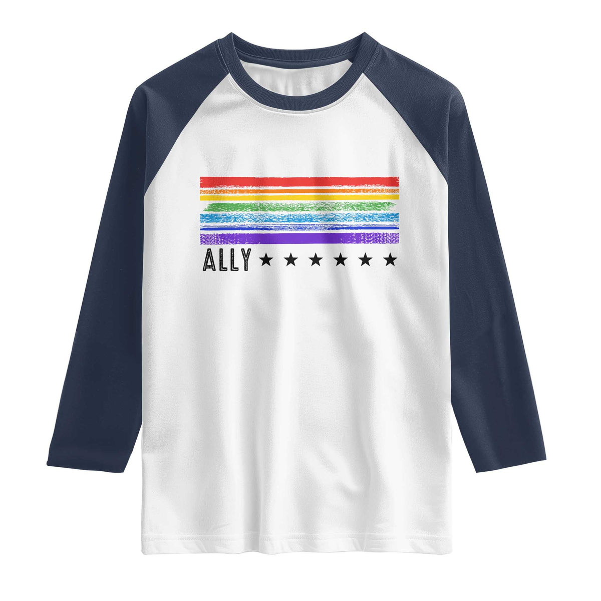 Retro Rainbow Ally Distressed Stripes Graphic Raglan Shirt LGBTQ Support Pride Month
