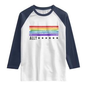 Retro Rainbow Ally Distressed Stripes Graphic Raglan Shirt LGBTQ Support Pride Month
