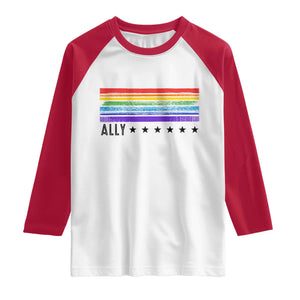 Retro Rainbow Ally Distressed Stripes Graphic Raglan Shirt LGBTQ Support Pride Month