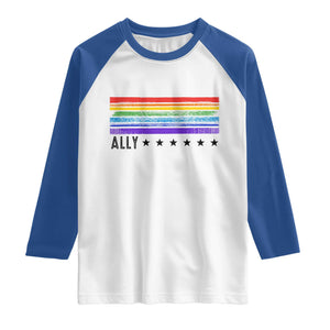 Retro Rainbow Ally Distressed Stripes Graphic Raglan Shirt LGBTQ Support Pride Month