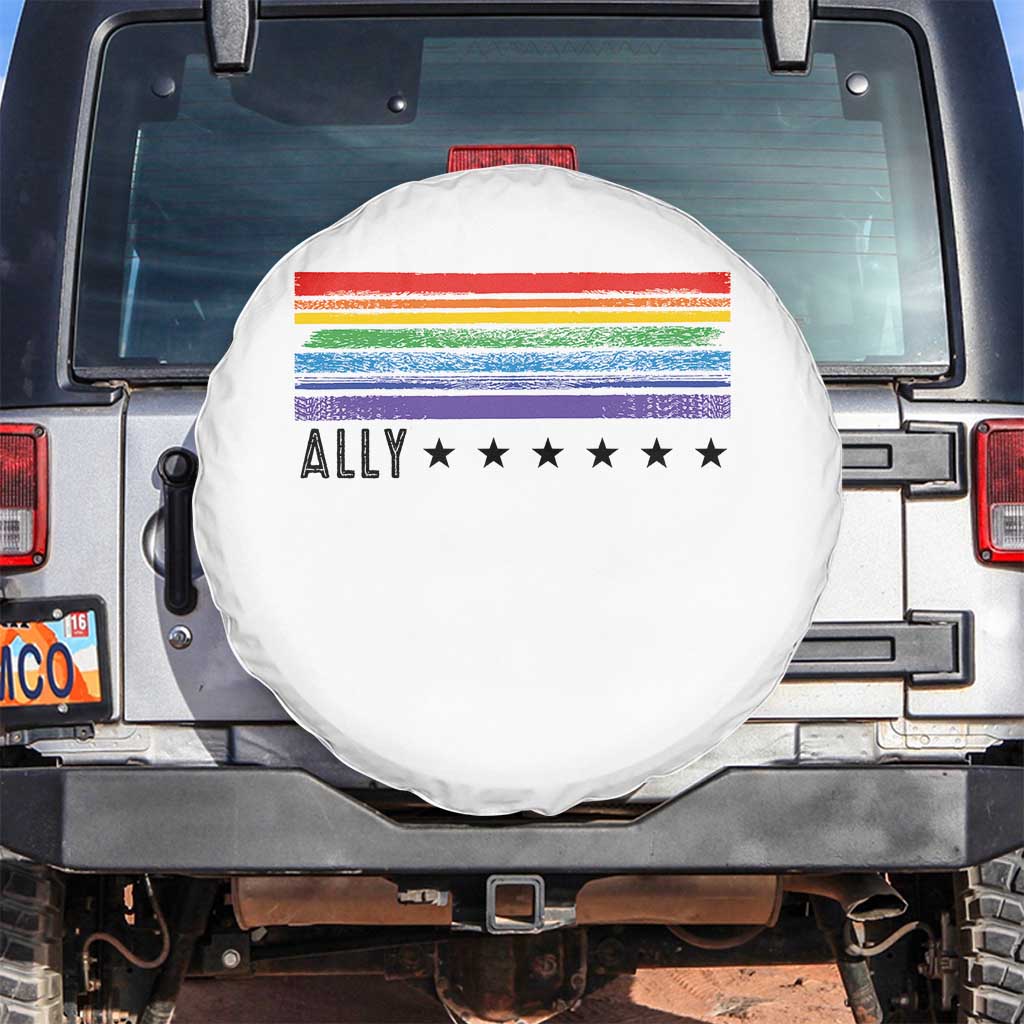 Retro Rainbow Ally Distressed Stripes Graphic Spare Tire Cover LGBTQ Support Pride Month TS02 No hole White Print Your Wear