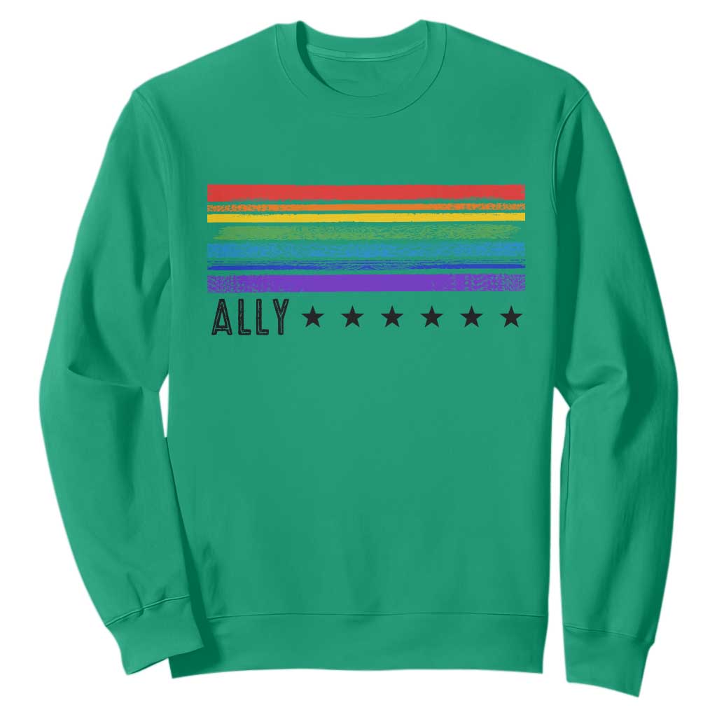 Retro Rainbow Ally Distressed Stripes Graphic Sweatshirt LGBTQ Support Pride Month