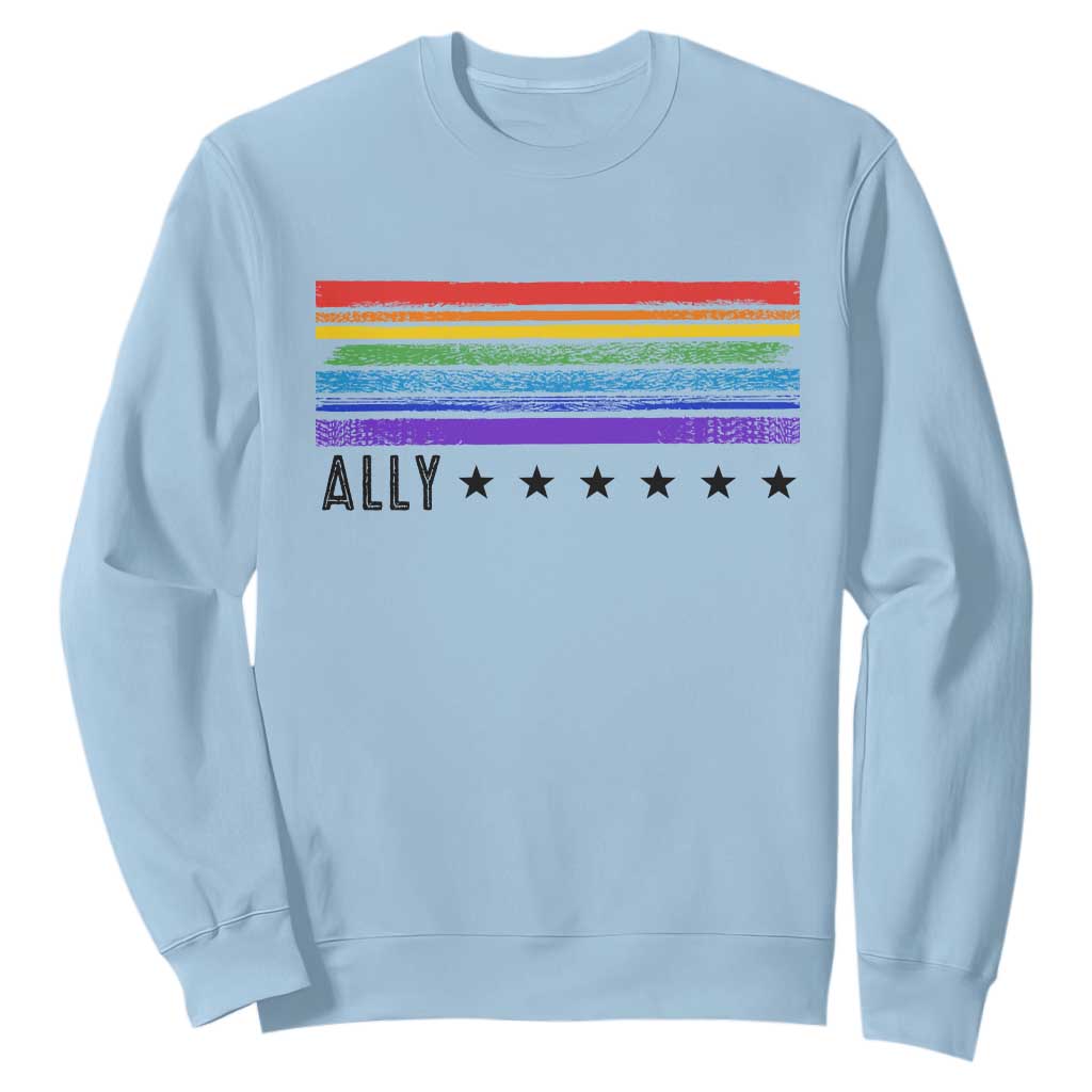 Retro Rainbow Ally Distressed Stripes Graphic Sweatshirt LGBTQ Support Pride Month