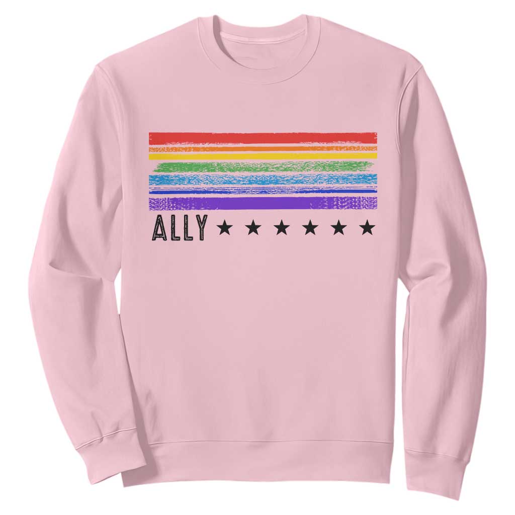 Retro Rainbow Ally Distressed Stripes Graphic Sweatshirt LGBTQ Support Pride Month