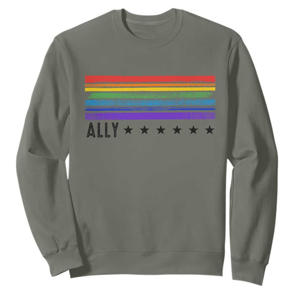 Retro Rainbow Ally Distressed Stripes Graphic Sweatshirt LGBTQ Support Pride Month