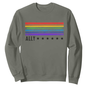 Retro Rainbow Ally Distressed Stripes Graphic Sweatshirt LGBTQ Support Pride Month