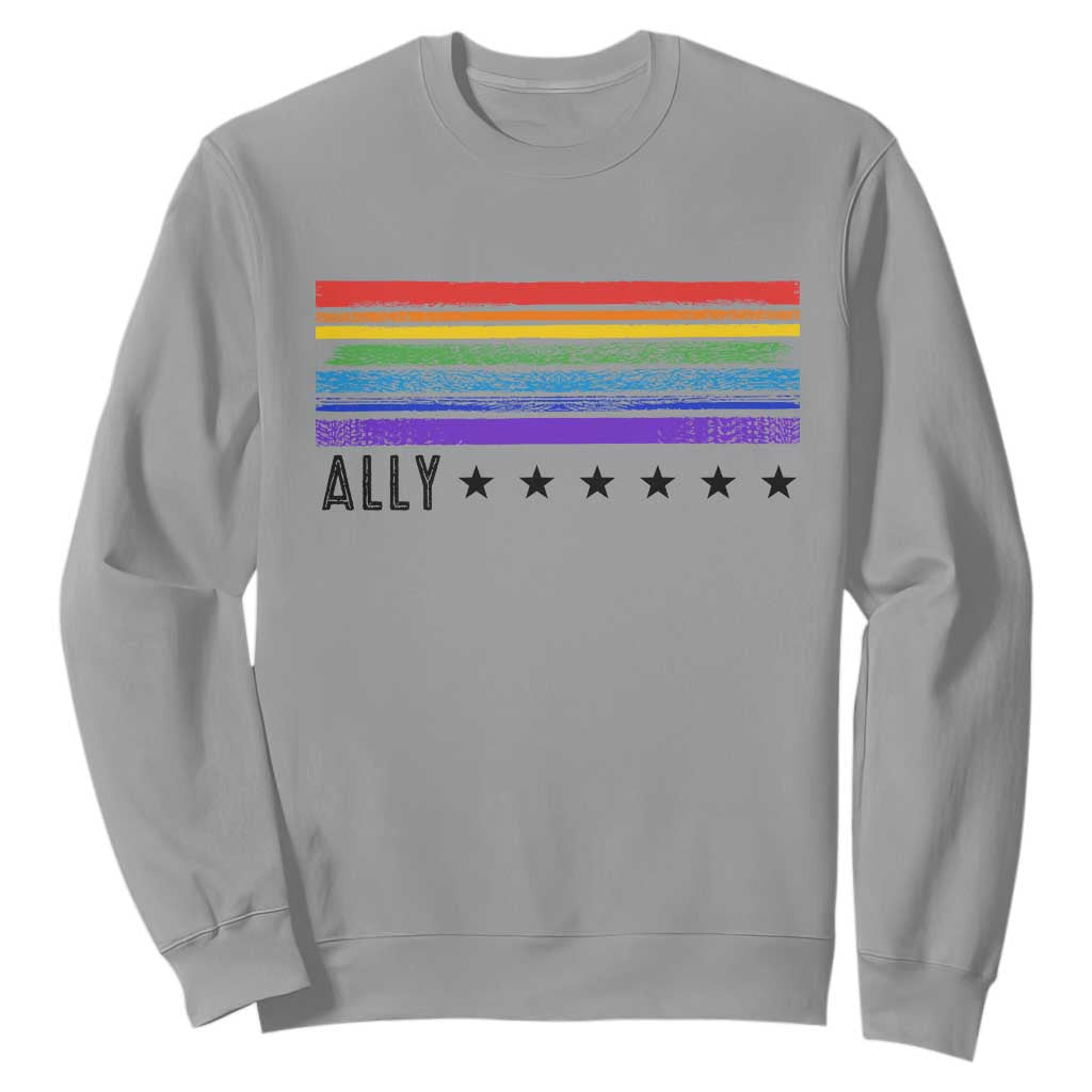 Retro Rainbow Ally Distressed Stripes Graphic Sweatshirt LGBTQ Support Pride Month
