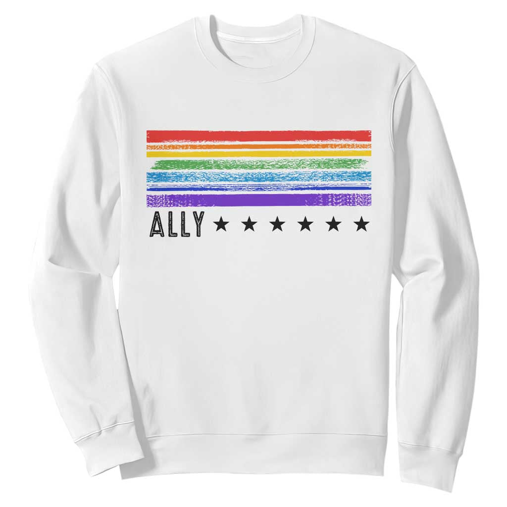 Retro Rainbow Ally Distressed Stripes Graphic Sweatshirt LGBTQ Support Pride Month