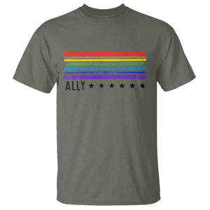 Retro Rainbow Ally Distressed Stripes Graphic T Shirt LGBTQ Support Pride Month