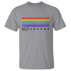 Retro Rainbow Ally Distressed Stripes Graphic T Shirt LGBTQ Support Pride Month