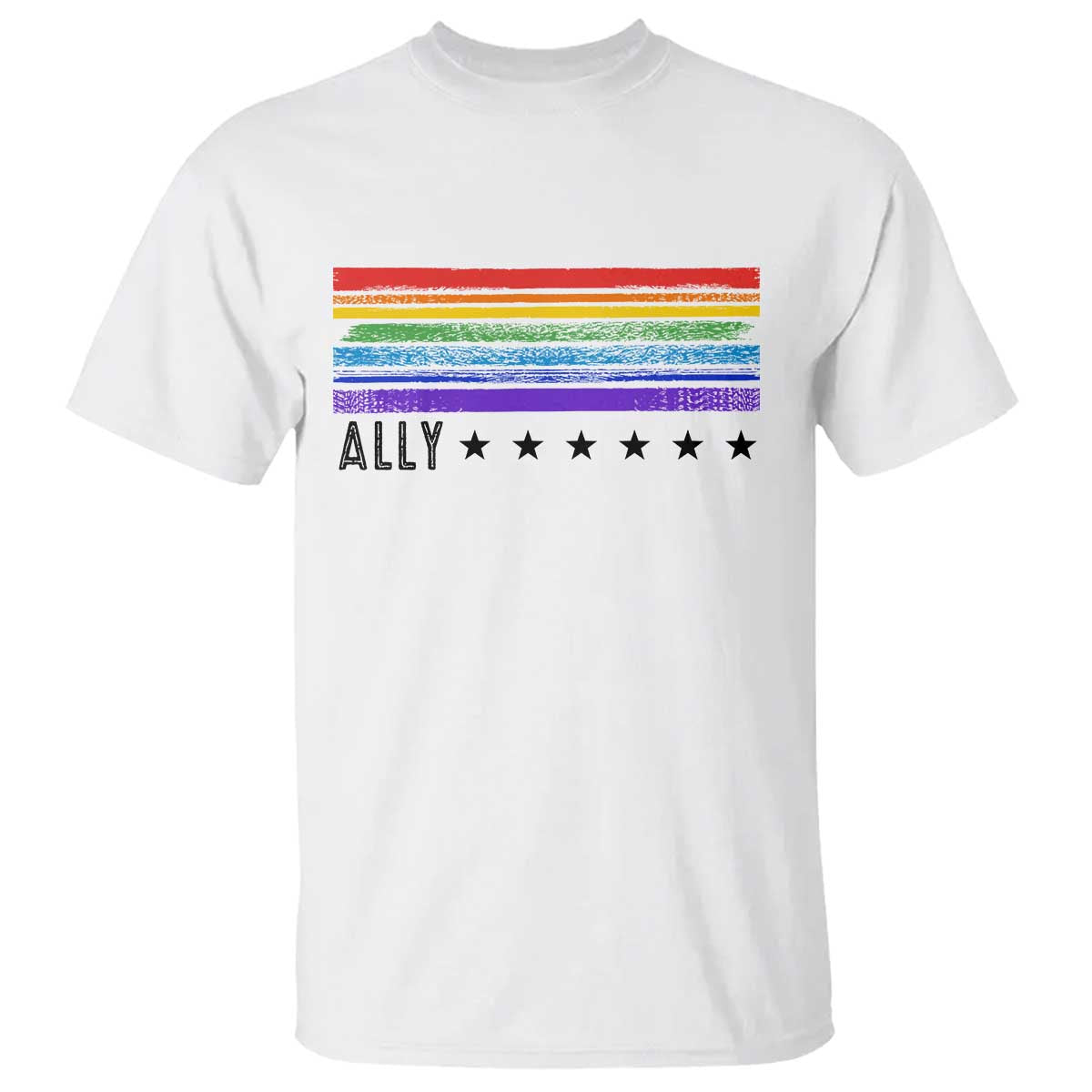Retro Rainbow Ally Distressed Stripes Graphic T Shirt LGBTQ Support Pride Month TS02 White Print Your Wear