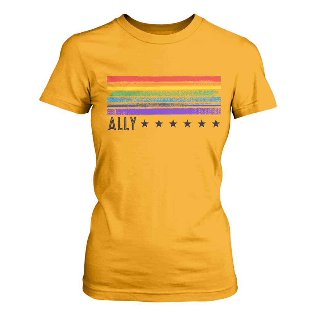 Retro Rainbow Ally Distressed Stripes Graphic T Shirt For Women LGBTQ Support Pride Month
