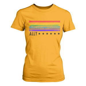 Retro Rainbow Ally Distressed Stripes Graphic T Shirt For Women LGBTQ Support Pride Month