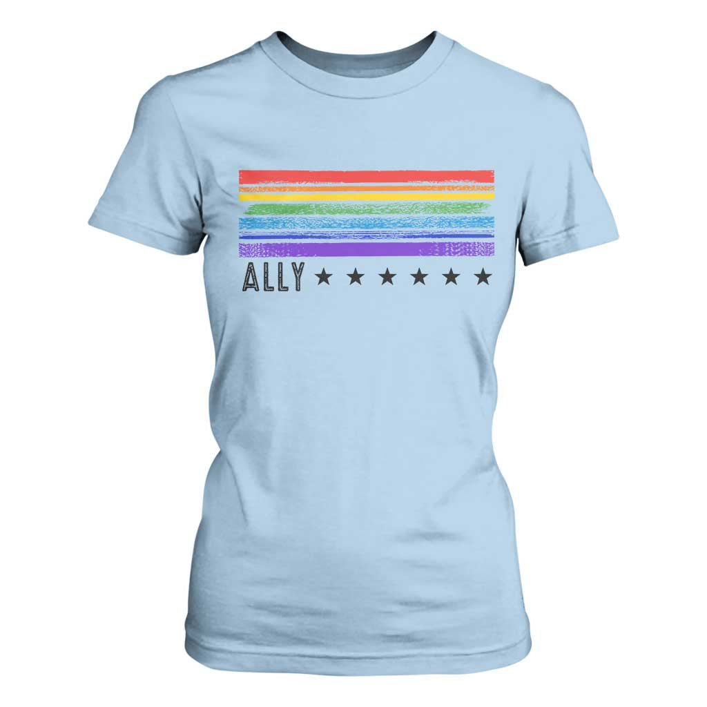 Retro Rainbow Ally Distressed Stripes Graphic T Shirt For Women LGBTQ Support Pride Month