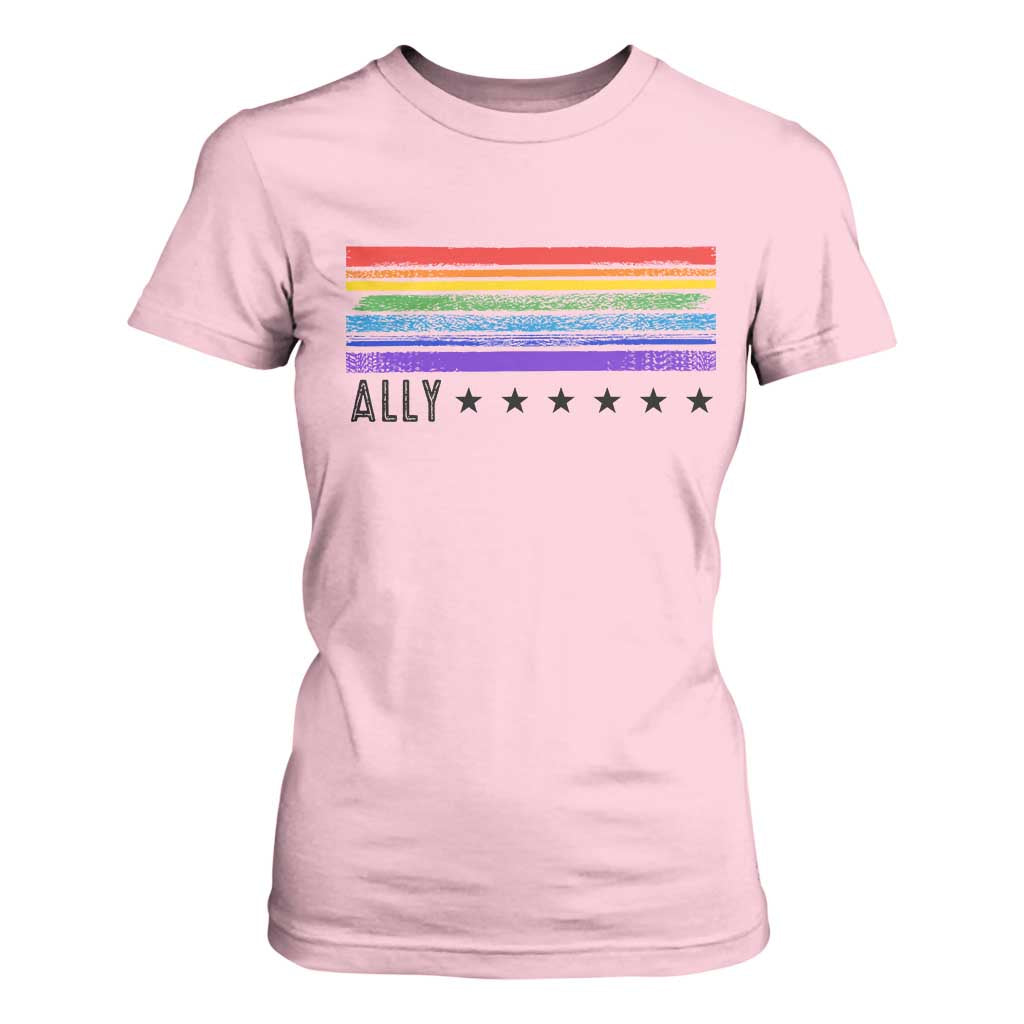 Retro Rainbow Ally Distressed Stripes Graphic T Shirt For Women LGBTQ Support Pride Month