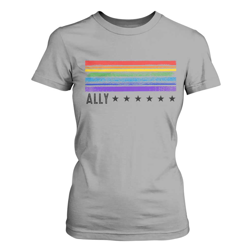 Retro Rainbow Ally Distressed Stripes Graphic T Shirt For Women LGBTQ Support Pride Month