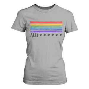 Retro Rainbow Ally Distressed Stripes Graphic T Shirt For Women LGBTQ Support Pride Month