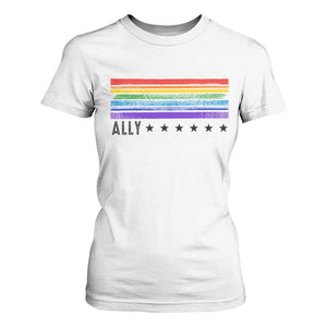 Retro Rainbow Ally Distressed Stripes Graphic T Shirt For Women LGBTQ Support Pride Month