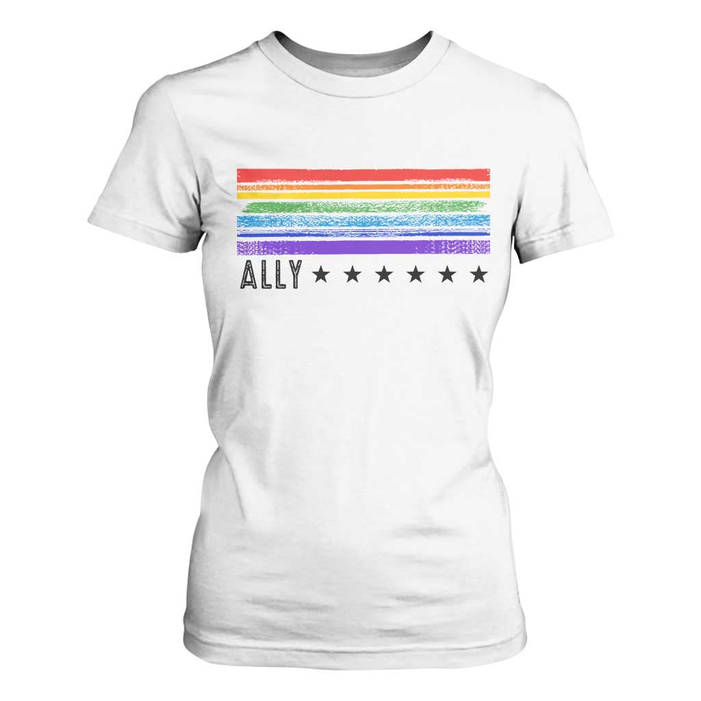 Retro Rainbow Ally Distressed Stripes Graphic T Shirt For Women LGBTQ Support Pride Month TS02 White Print Your Wear