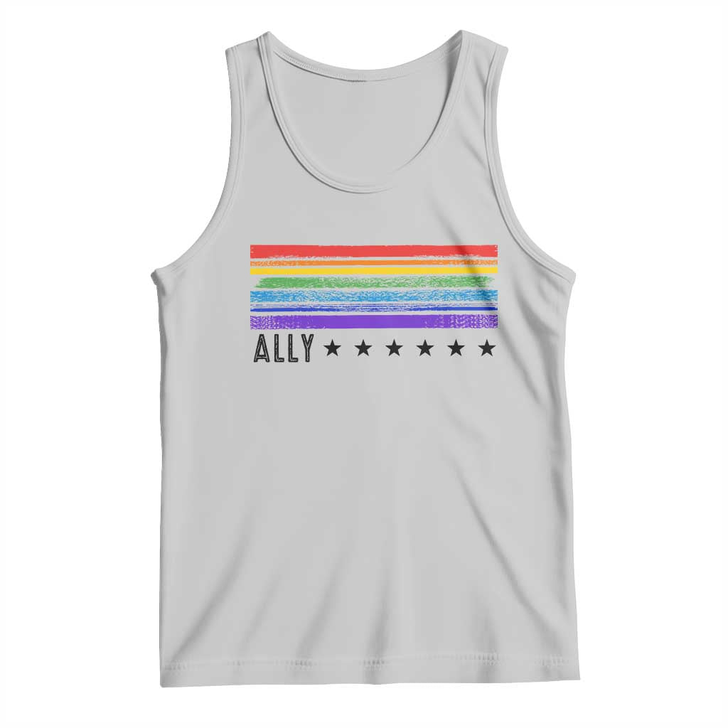 Retro Rainbow Ally Distressed Stripes Graphic Tank Top LGBTQ Support Pride Month
