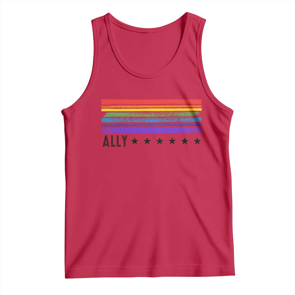 Retro Rainbow Ally Distressed Stripes Graphic Tank Top LGBTQ Support Pride Month