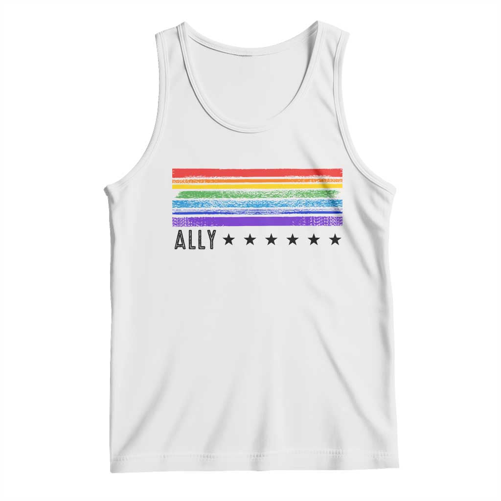 Retro Rainbow Ally Distressed Stripes Graphic Tank Top LGBTQ Support Pride Month TS02 White Print Your Wear