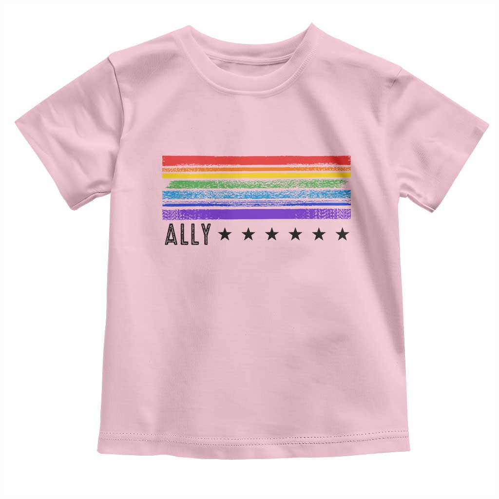 Retro Rainbow Ally Distressed Stripes Graphic Toddler T Shirt LGBTQ Support Pride Month