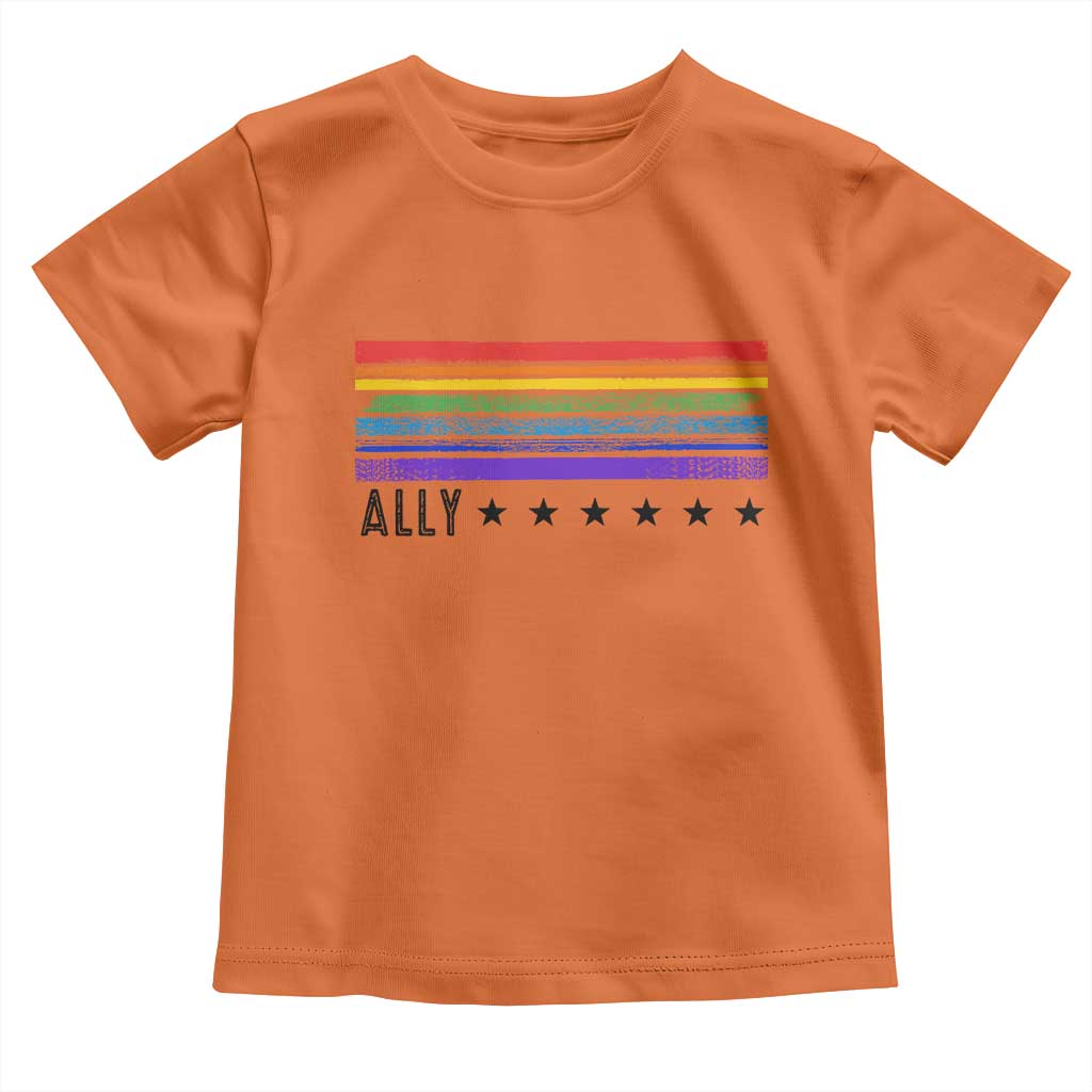 Retro Rainbow Ally Distressed Stripes Graphic Toddler T Shirt LGBTQ Support Pride Month