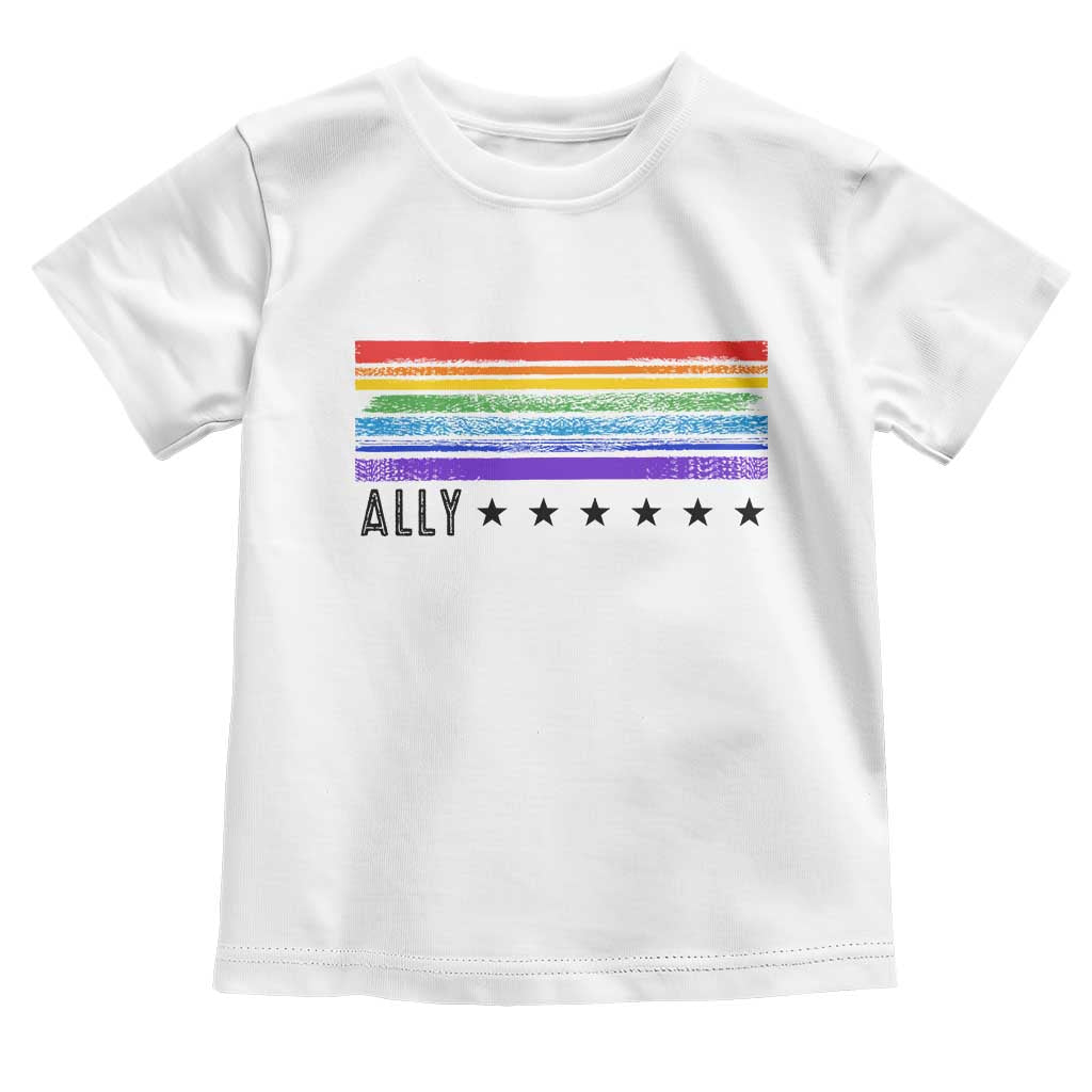 Retro Rainbow Ally Distressed Stripes Graphic Toddler T Shirt LGBTQ Support Pride Month TS02 White Print Your Wear
