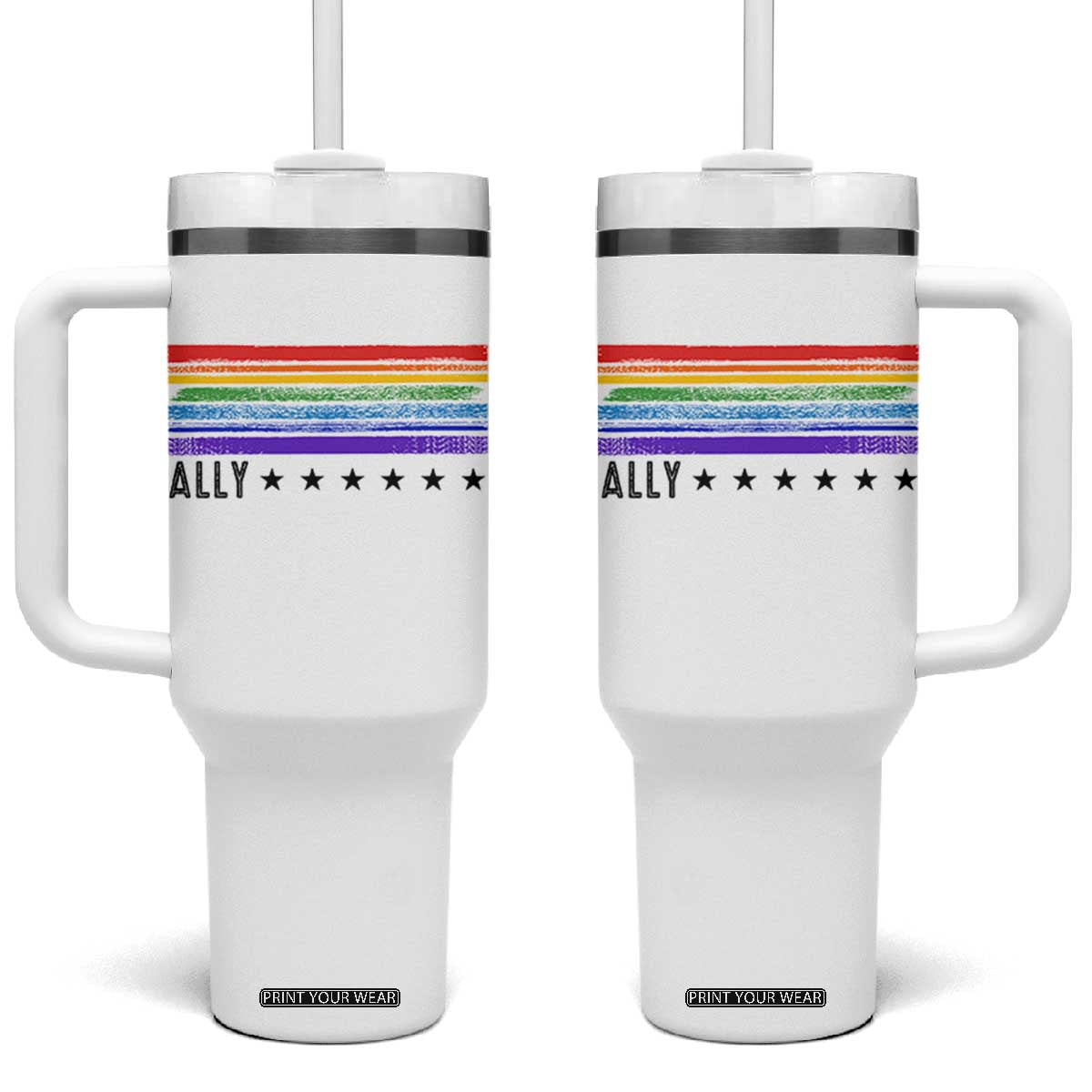 Retro Rainbow Ally Distressed Stripes Graphic Tumbler With Handle LGBTQ Support Pride Month TS02 One Size: 40 oz White Print Your Wear