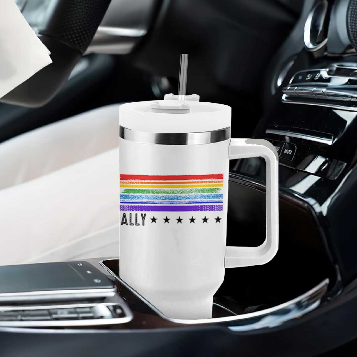 Retro Rainbow Ally Distressed Stripes Graphic Tumbler With Handle LGBTQ Support Pride Month