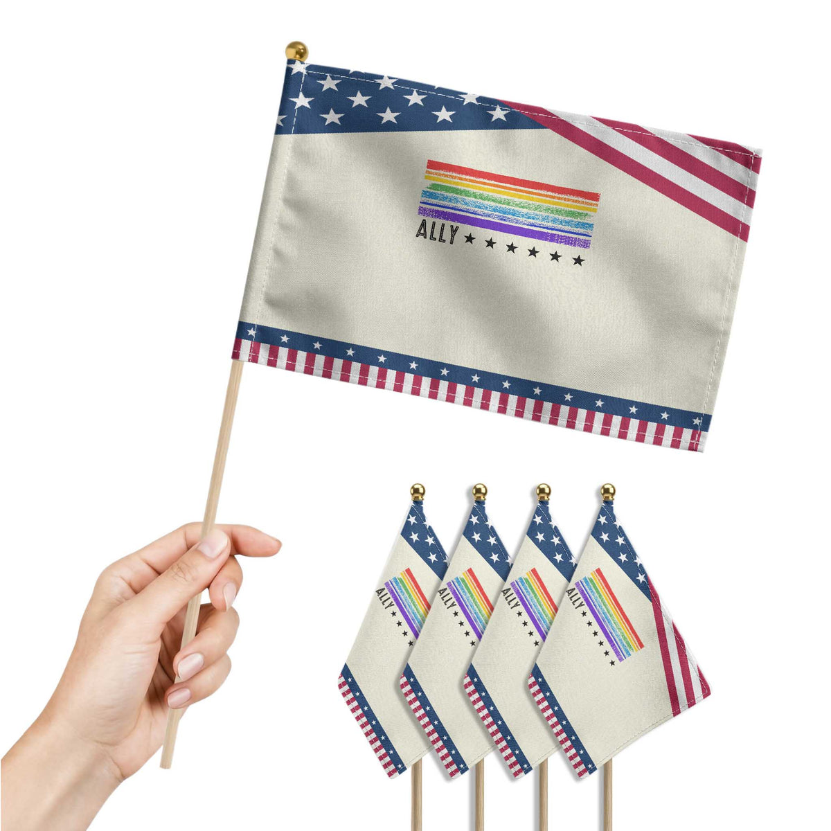 Retro Rainbow Ally Distressed Stripes Graphic Patriotic Handheld Flag LGBTQ Support Pride Month
