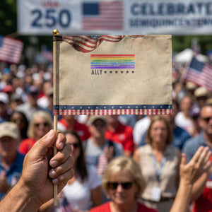 Retro Rainbow Ally Distressed Stripes Graphic Patriotic Handheld Flag LGBTQ Support Pride Month
