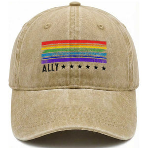 Retro Rainbow Ally Distressed Stripes Graphic Washed Cotton Baseball Cap LGBTQ Support Pride Month