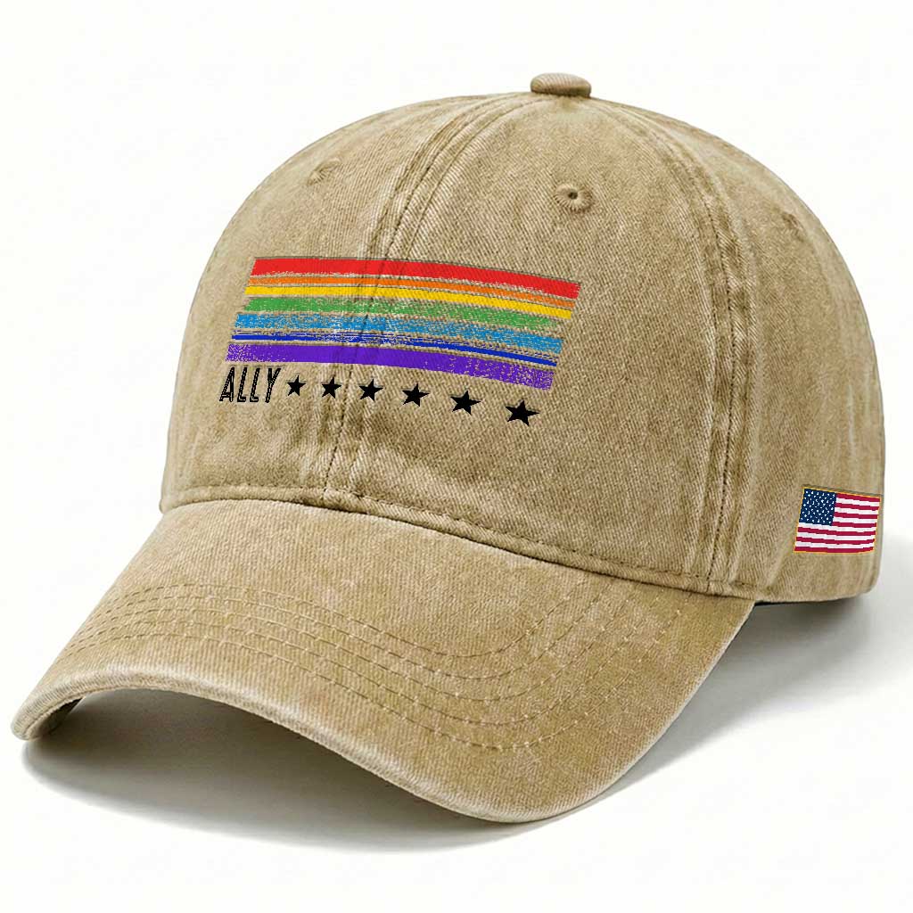 Retro Rainbow Ally Distressed Stripes Graphic Washed Cotton Baseball Cap LGBTQ Support Pride Month