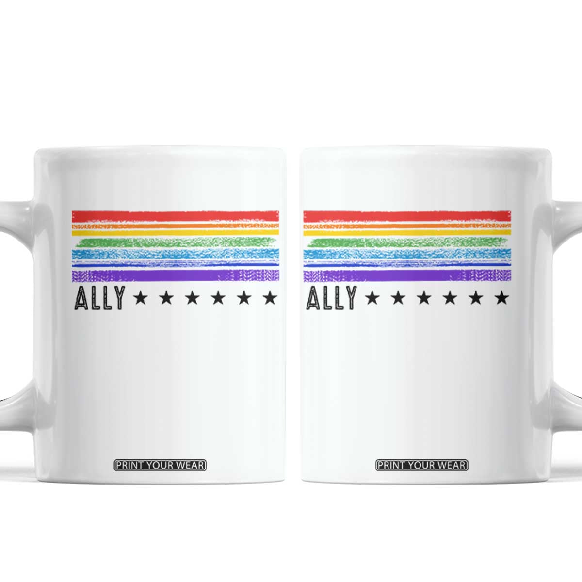Retro Rainbow Ally Distressed Stripes Graphic Coffee Mug LGBTQ Support Pride Month TS02 White Print Your Wear