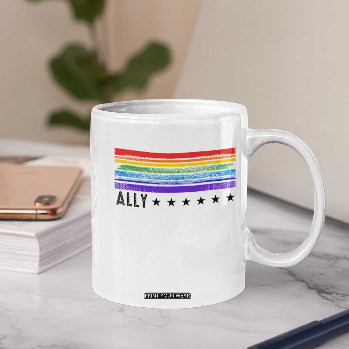 Retro Rainbow Ally Distressed Stripes Graphic Coffee Mug LGBTQ Support Pride Month TS02 Print Your Wear