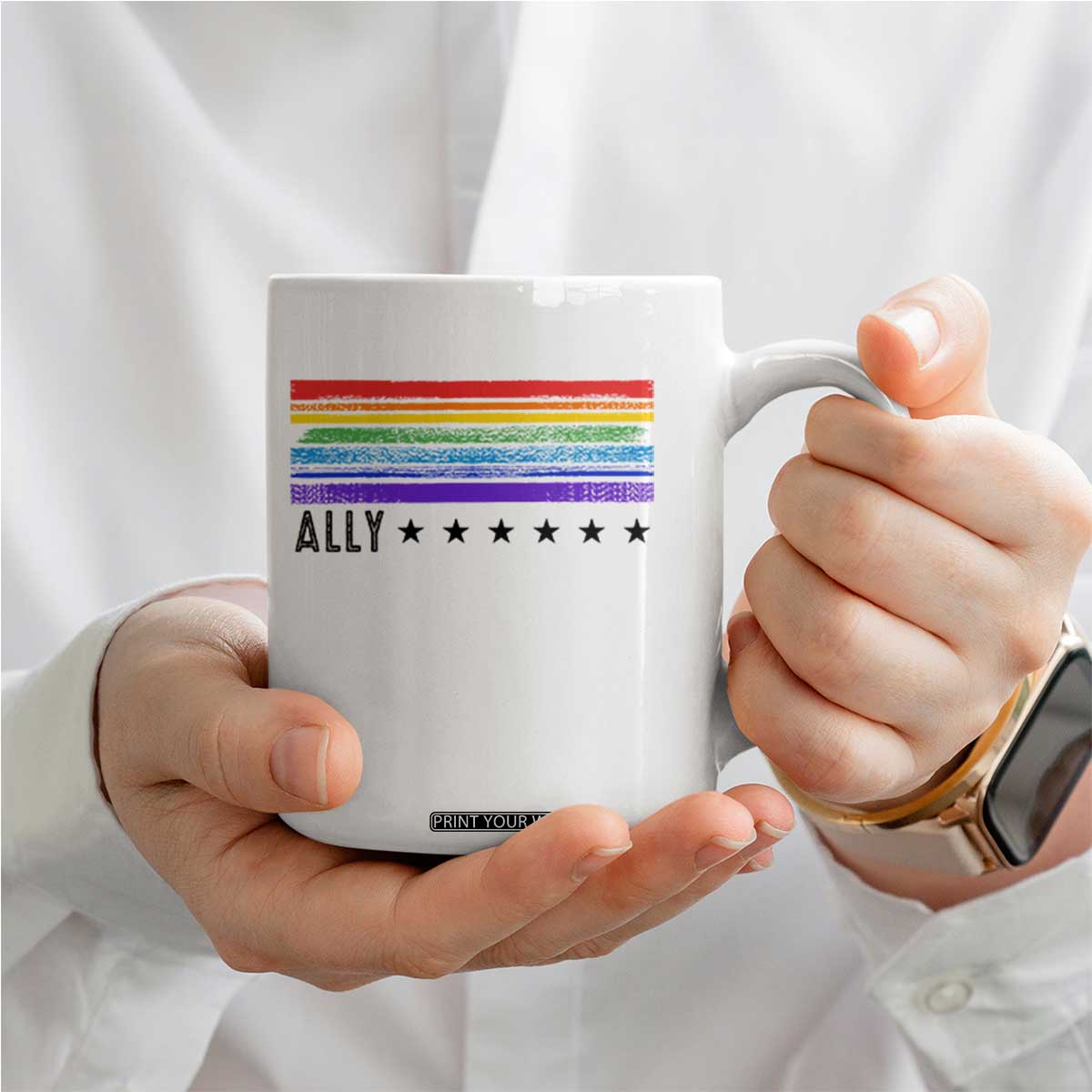 Retro Rainbow Ally Distressed Stripes Graphic Coffee Mug LGBTQ Support Pride Month TS02 Print Your Wear