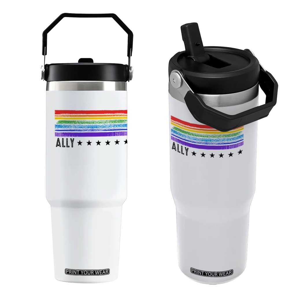 Retro Rainbow Ally Distressed Stripes Graphic Flip Straw Tumbler LGBTQ Support Pride Month