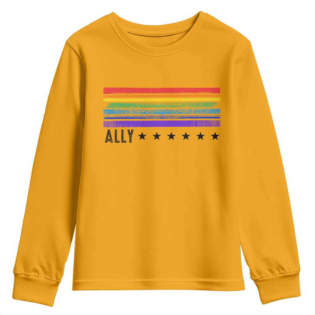 Retro Rainbow Ally Distressed Stripes Graphic Youth Sweatshirt LGBTQ Support Pride Month
