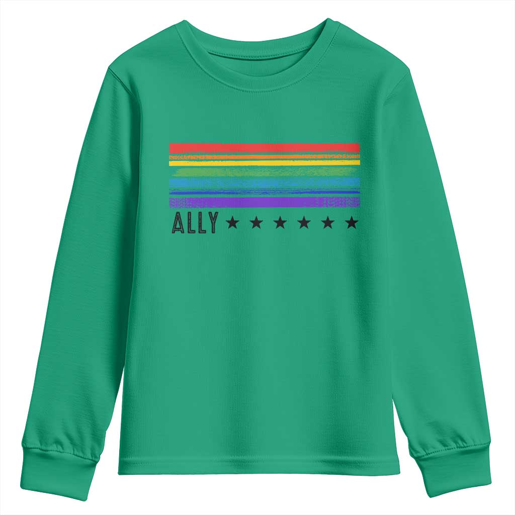 Retro Rainbow Ally Distressed Stripes Graphic Youth Sweatshirt LGBTQ Support Pride Month