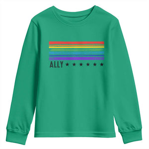 Retro Rainbow Ally Distressed Stripes Graphic Youth Sweatshirt LGBTQ Support Pride Month
