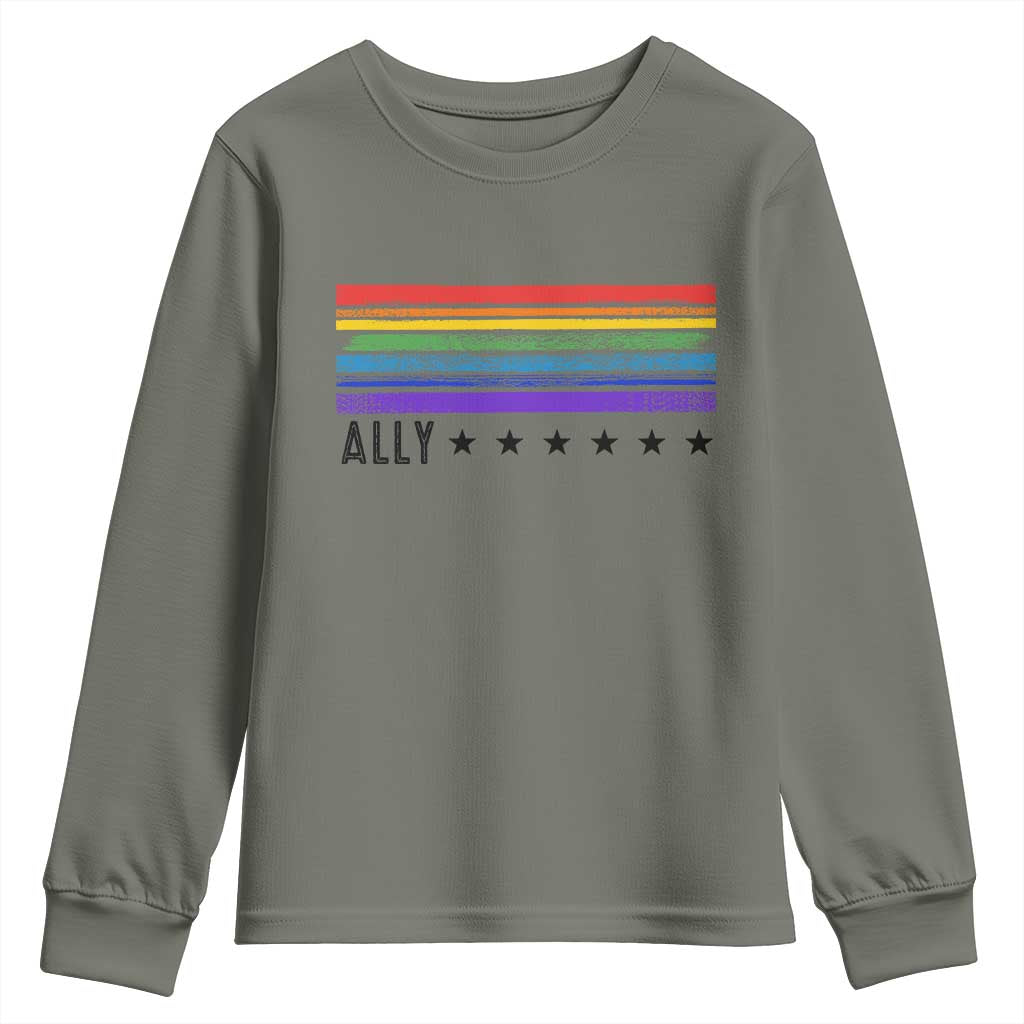 Retro Rainbow Ally Distressed Stripes Graphic Youth Sweatshirt LGBTQ Support Pride Month
