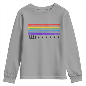 Retro Rainbow Ally Distressed Stripes Graphic Youth Sweatshirt LGBTQ Support Pride Month