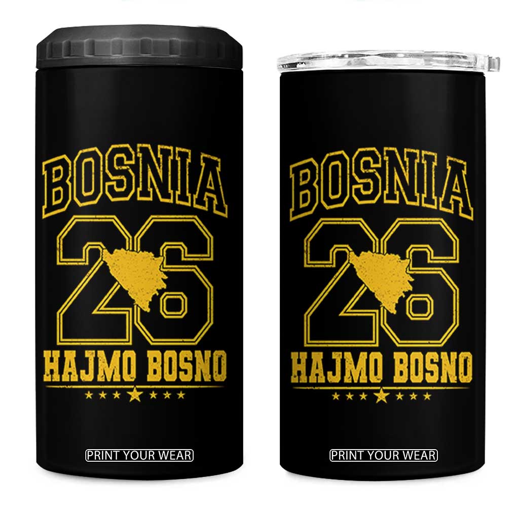 Lets Go Bosnia 2026 Hajmo Bosno Vintage Varsity Sports Style 4 in 1 Can Cooler Tumbler Bosnia Herzegovina Map Soccer Lover Football Fan